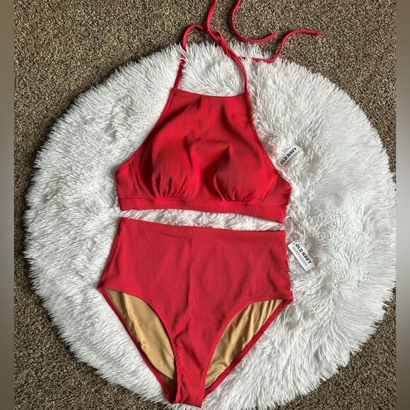 Old Navy 2 Piece Swimsuit Bikini New Ribbed Pink Womens Size Large - Picture 1 of 11